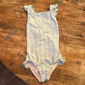 Minnow Swim Girls Cross-back Bathing Suit Light Blue Stripe 7/8